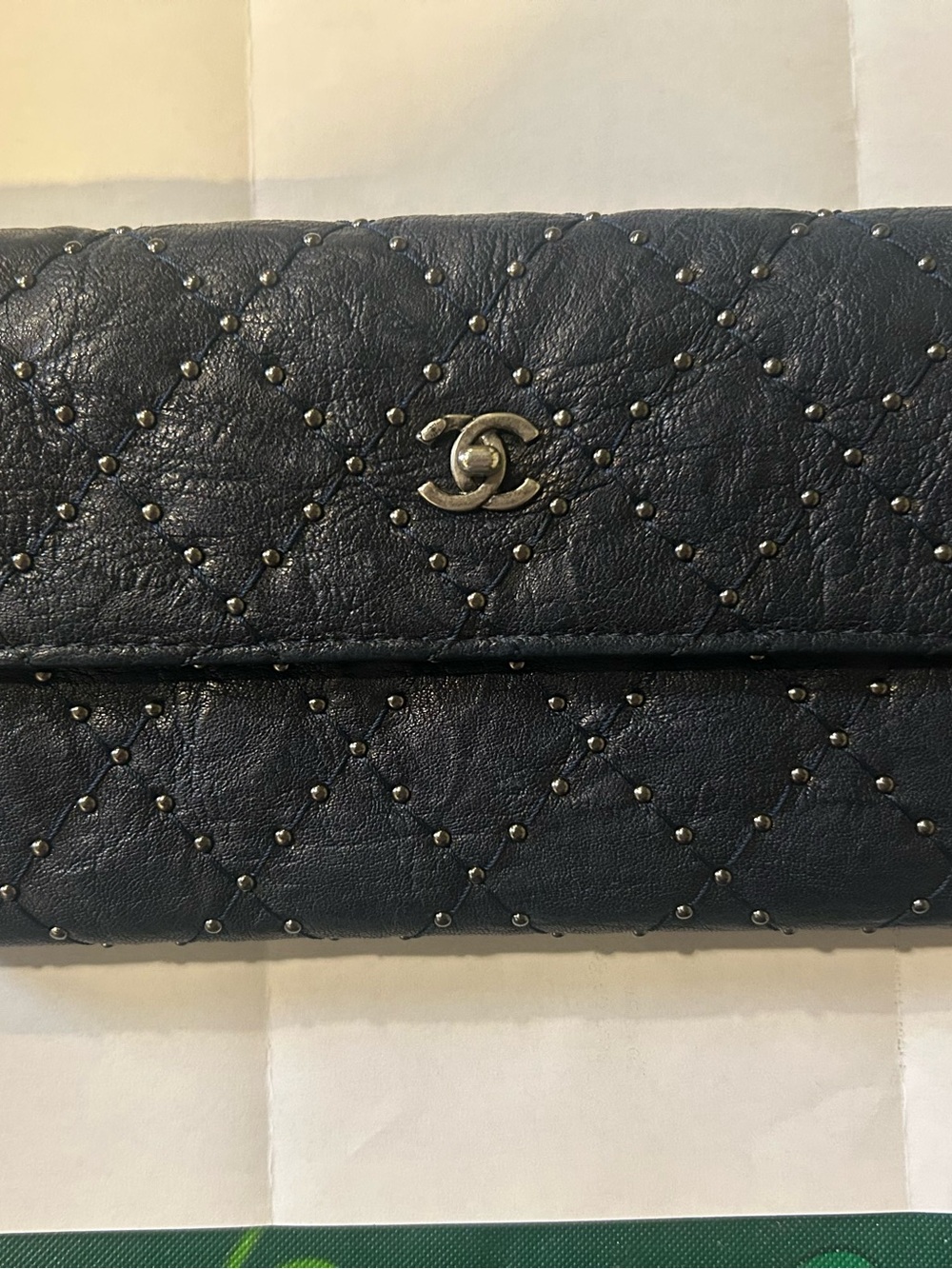 CHANEL Black Quilted Stud-Accent Leather Flap Wallet